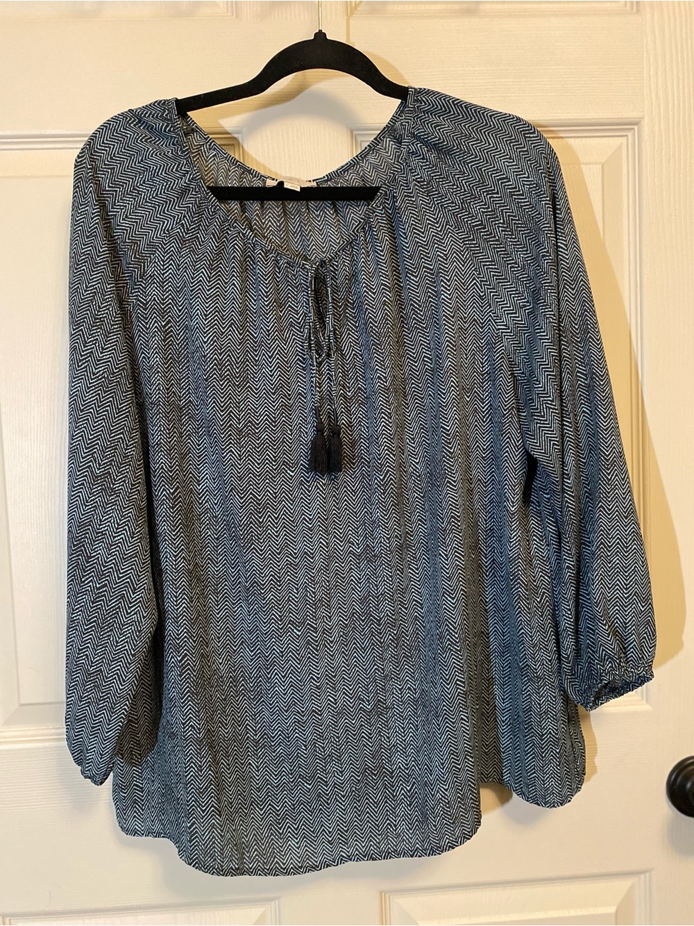 LOFT Navy Chevron Tie-Front Peasant Blouse